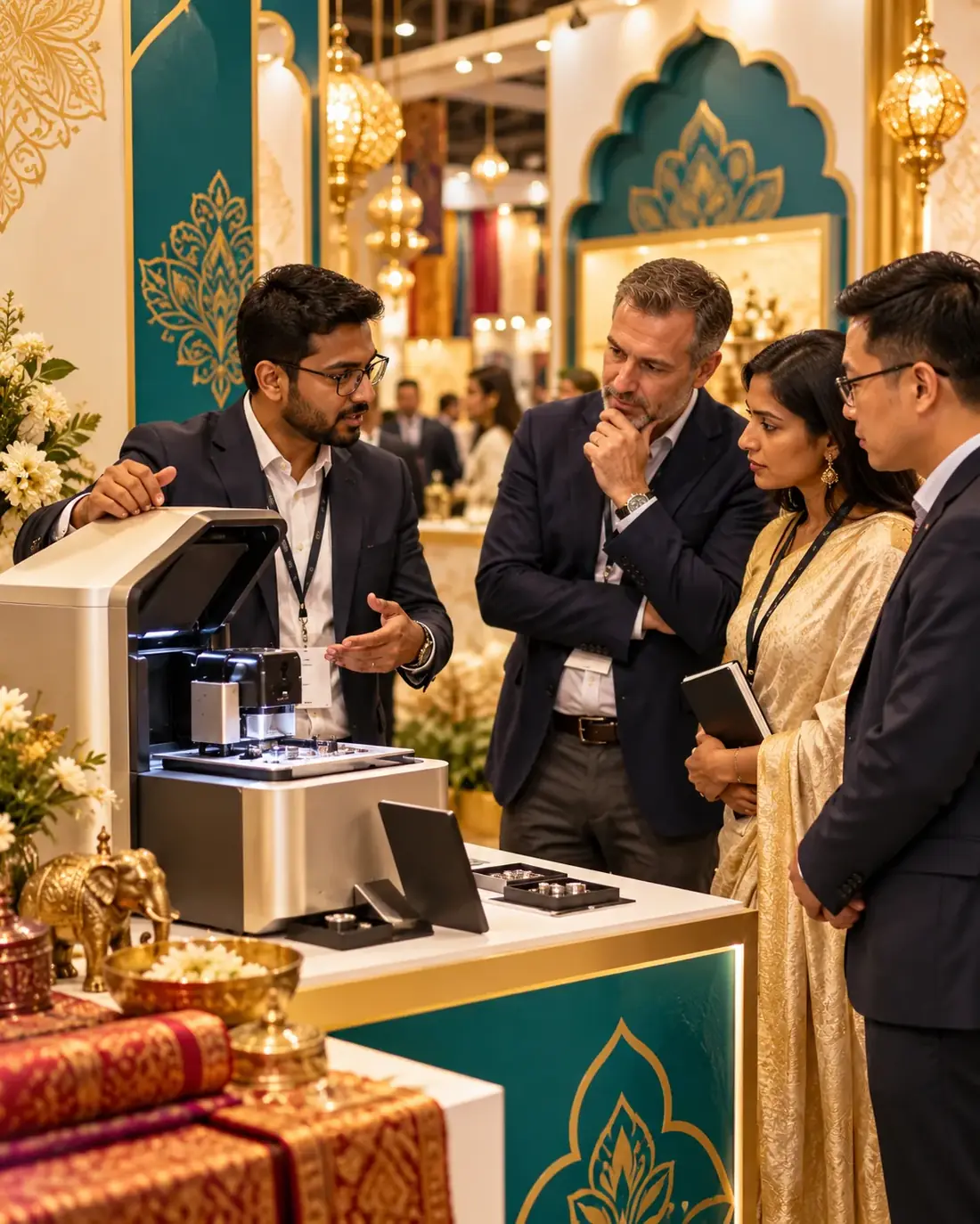 A manufacturer demonstrating a new device to a buyer delegation