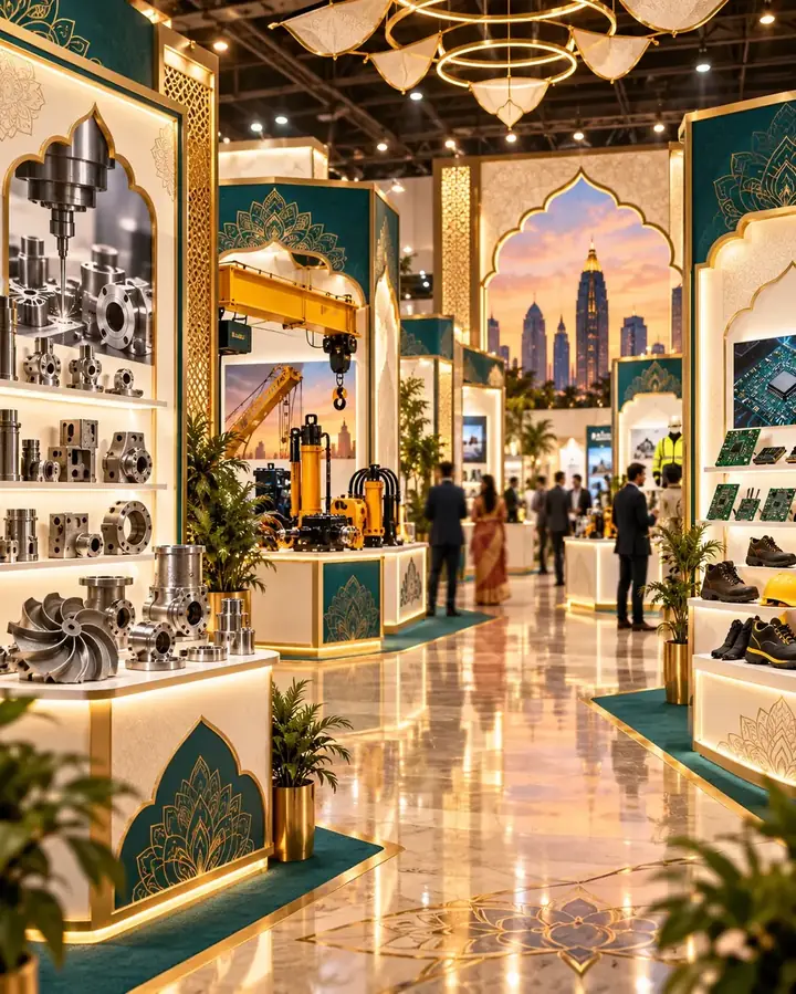 Exhibition hall aisle with precision components, cranes and electronics on display