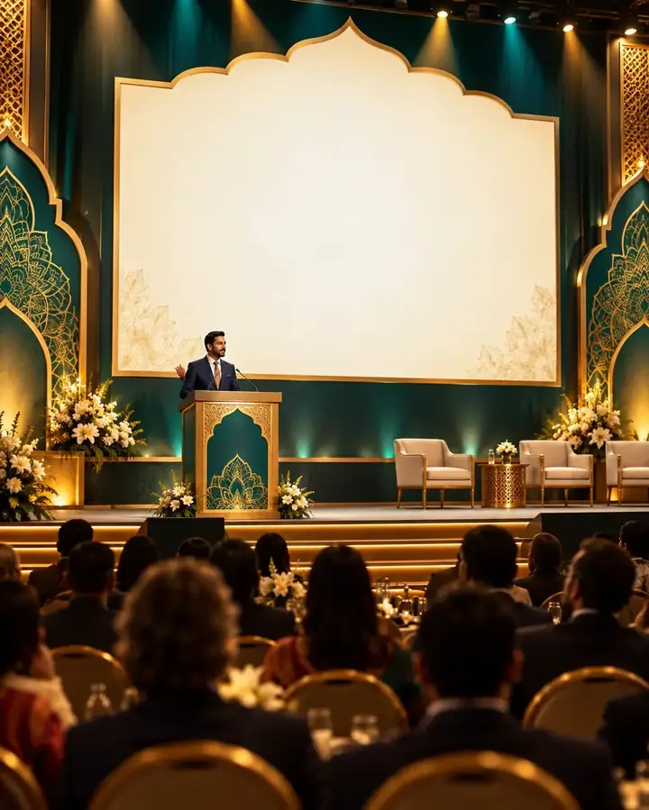 Keynote speaker on a stage framed by a golden arch