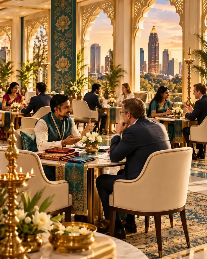 Buyer and manufacturer meeting at a table in the lounge